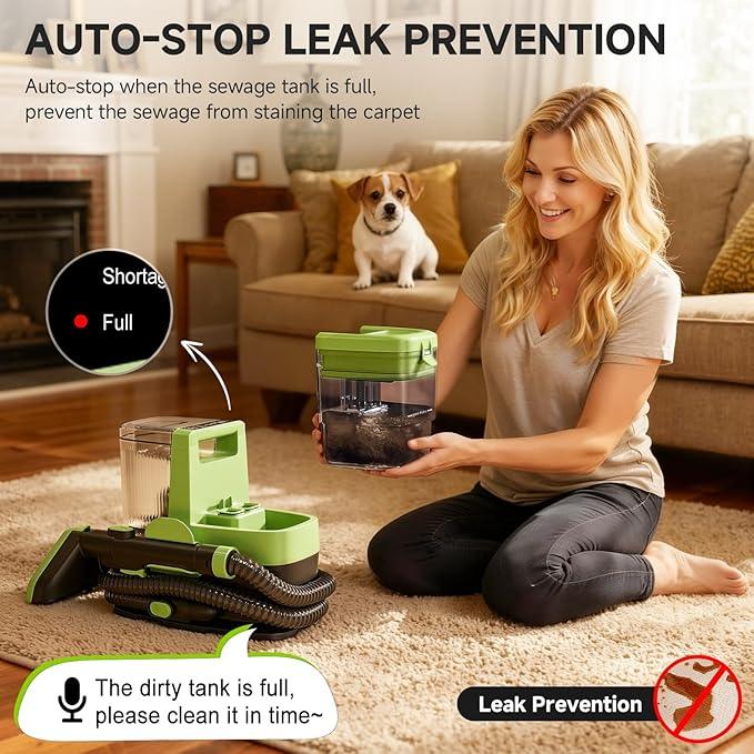 AAOBOSI Portable Carpet Cleaner Machine, 17Kpa Upholstery Steam Cleaner with Smart Voice Prompting, Self-cleaning, 4 Tools for Pets, Car, Couch and Stairs- C688, Green - NeatNest