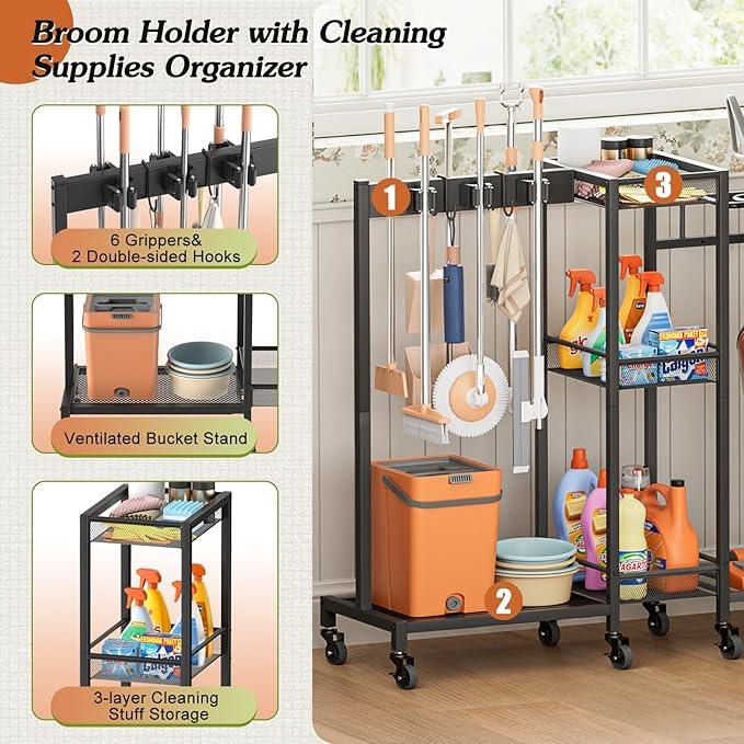 Broom Holder with Cleaning Supplies Organizer, Broom Closet Storage Cabinet with Cleaning Caddy Vacuum Stand, Cleaning Cart with Mop Hanger Gripper Rack Hook, Laundry Room Organization Home Essentials - NeatNest