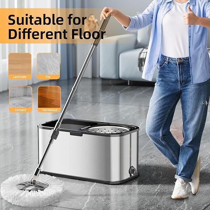 Spin Mop and Bucket with Wringer Set for Home,360° Mop and Bucket with Separate Clean and Dirty Water,Wet Dust Mop for Floor Cleaning with Extra Refills (Square Silver) - NeatNest