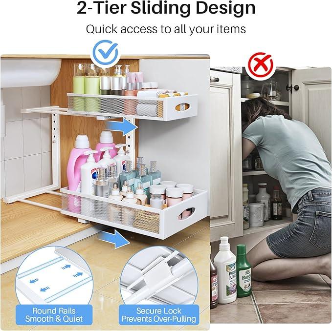 Under Sink Organizer, 2 Pack 2 Tier Pull Out Under Cabinet Organizer Shelf with Pad for Framed Cabinets, Metal Slide Out Under Sink Storage, Mesh Sliding Drawers for Kitchen Bathroom Laundry, White - NeatNest