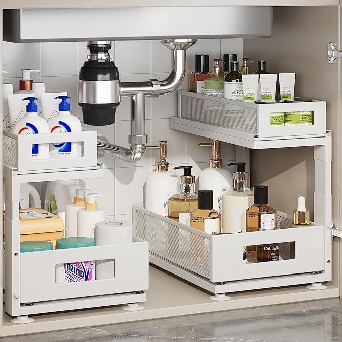 2 Pack Under Sink Organizer with Next-Gen Ball-Bearing Slides,2-Tier Pull Out Cabinet Storage,Height Adjustable Drawer Shelf for Bathroom,Kitchen,Laundry,Cabinet,Pantry(Patent Pending) - NeatNest
