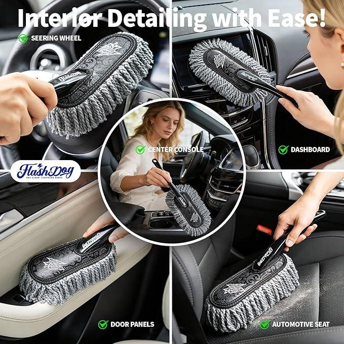 Flash Dog Car Duster Exterior & Interior Scratch Free Kit Microfiber and Telescopic Aluminum Alloy Handle for Cars/SUV/Trucks with Car Duster Interior, Portable Waterless Dust Removal - NeatNest