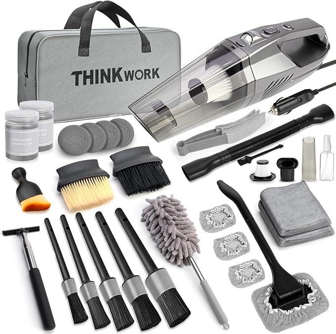 THINKWORK Car Cleaning Kit, Car Detailing Kit Interior Cleaner with High Power Handheld Vacuum, 10Pcs Detailing Brush and Storage Bag, Gray Auto Interior Cleaning Kit for Men - NeatNest