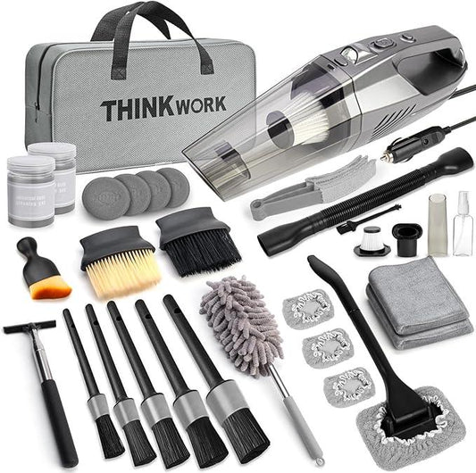 THINKWORK Car Cleaning Kit, Car Detailing Kit Interior Cleaner with High Power Handheld Vacuum, 10Pcs Detailing Brush and Storage Bag, Gray Auto Interior Cleaning Kit for Men - NeatNest