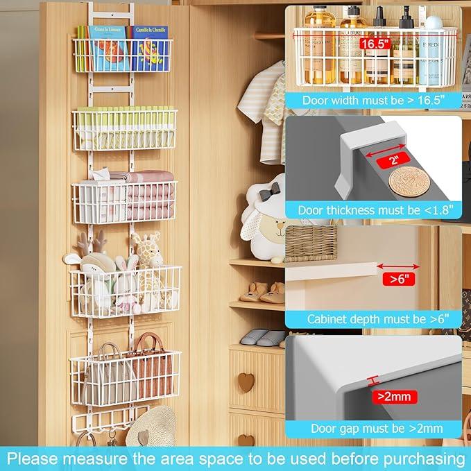 Adjustable Over The Door Organizer, Metal Hanging Door Organizer with 5 Wire Basket 7 Hooks, Wall Mounted Shelf for Pantry Closet Organization and Storage, White - NeatNest