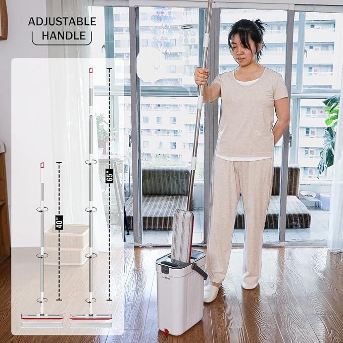 Mop and Bucket Set, Flat Mop and Bucket System with Separate Dirty and Clean Water, 3-Compartment Wall Cleaner Mop, Flat Mops for Floor Cleaning with 6 Microfiber Pads - NeatNest