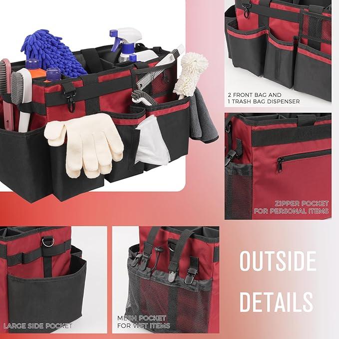 Wearable Cleaning Caddy, Cleaning Caddy Supplies Organizer with Handle & Shoulder Straps for Housekeepers, Under Sink & Car Cleaning Tool Organizers Bag with 4 Foldable Divider (Wine) - NeatNest