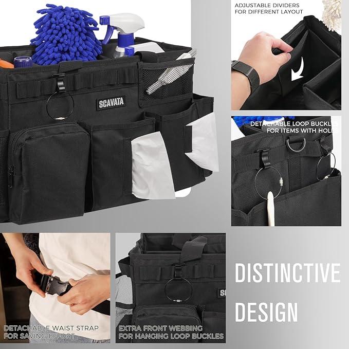 Wearable Cleaning Caddy Bag, Supplies Organizer with Handle & Shoulder Straps for Housekeepers, Under Sink & Car Cleaning Tool Organizer with 4 Foldable Dividers (Black) - NeatNest