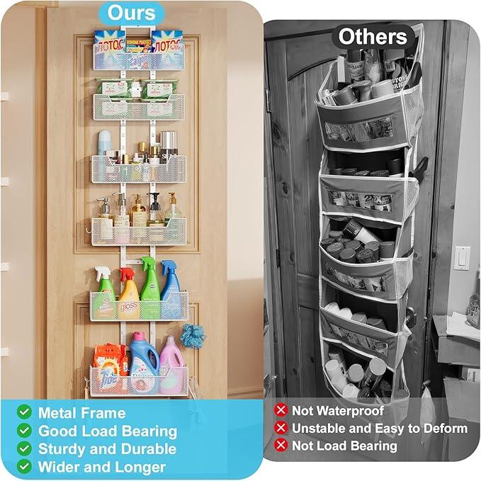 Over The Door Organizer, Metal Hanging Door Organizer with 6 Adjustable Baskets and 5 Hooks, Behind The Door Storage for Closet Pantry Cabinet Kitchen Bathroom Bedroom, White - NeatNest