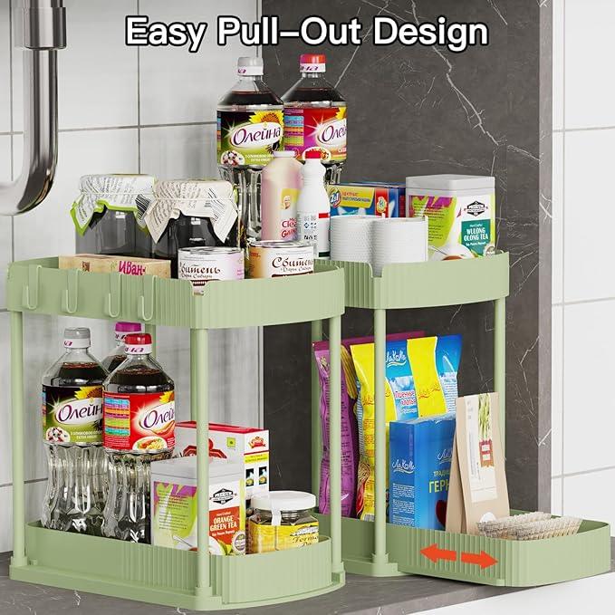 2 Pack Multi-Purpose Pull-Out Storage Organizers, Under Sink Organizers and Storage for Bathroom & Kitchen, Under Cabinet Organizers and storage, 12.8 Inch, Green - NeatNest