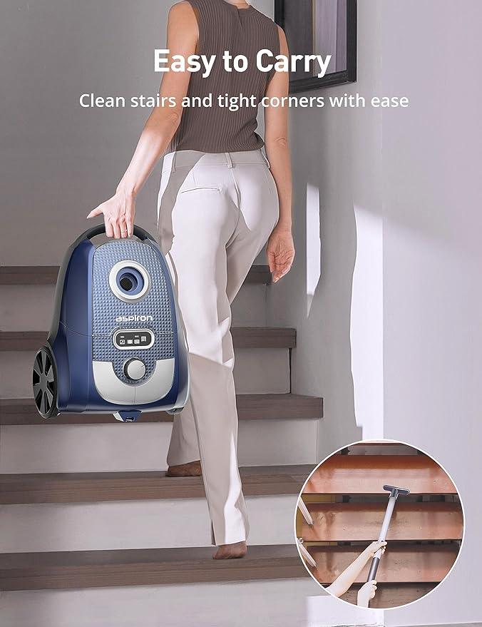 Aspiron Canister Vacuum, 1600W/35KPA Canister Vacuum Cleaner, 4QT Dust Bag, H13 HEPA Filter, 5 Tools, Pet-Friendly,Variable Power Control,for Carpets, Hardwood Floors, Stairs, Pet Hair, Household - NeatNest