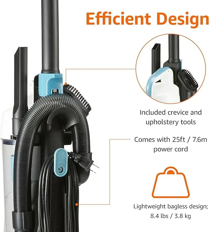 Amazon Basics Upright Bagless Vacuum Cleaner for Carpet and Hard Floors, With Crevice and Upholstery Tools, Detachable Handle, Lightweight (8.4 lbs), 1.7L Dust Cup, 720W, 25ft Cord, Black/White - NeatNest