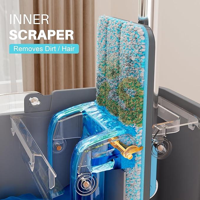 JOYMOOP Mop and Bucket Set with Wringer, with 3 Reusable Microfiber Mop Pads, Mops for Floor Cleaning and Wall Cleaning, Hands-Free Flat Mop for Home Use - Grey+Cyan Blue - NeatNest