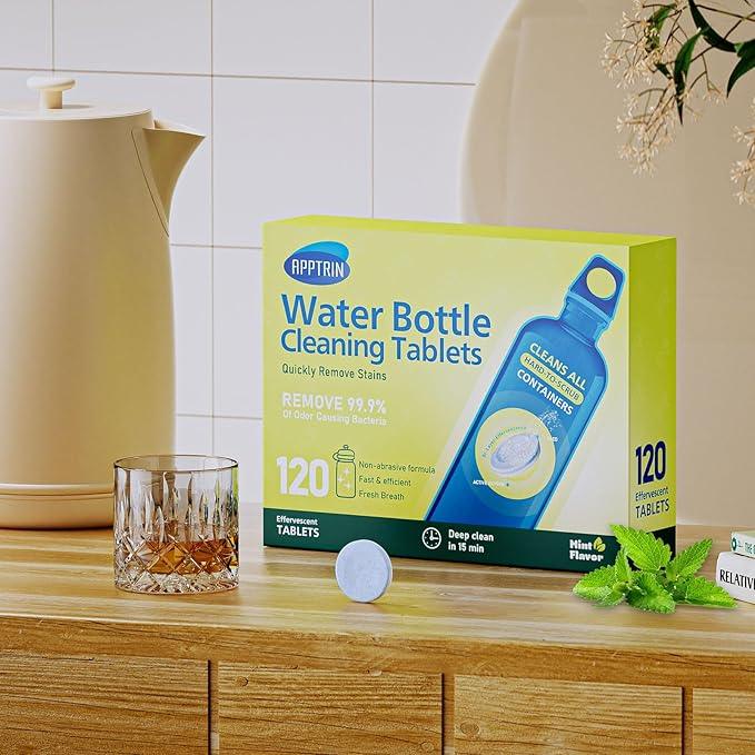 Water Bottle Cleaning Tablets, Bottle Clean Tablet for Hydration Bladders, Stainless Steel, Tumblers, and Glass Bottles,120 count (Pack of 1), Mint - NeatNest