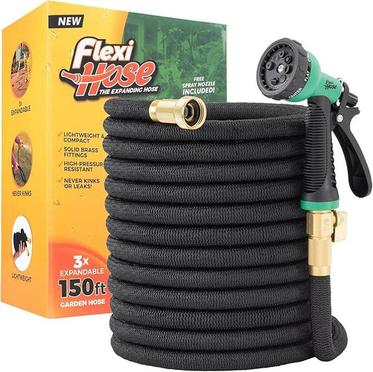 Flexi Hose Expandable Garden Hose with 8 Function Nozzle, 150FT - Lightweight Retractable Garden Hose, Water Hose - No-Kink Flexibility, 3/4 Inch Solid Brass Fittings and Double Latex Core - NeatNest