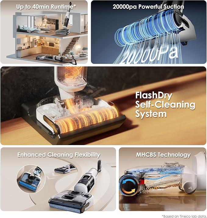 Tineco Floor ONE Stretch S6 Cordless Wet Dry Vacuum Cleaner, 180°Lay-Flat Smart Vacuum Mop, 40 Minutes Long Runtime 158℉ Flashdry Self-Cleaning, Dual-Sided Edge Cleaning Lightweight Floor Cleaner - NeatNest