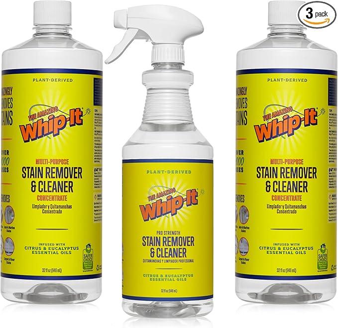 Whip-It Stain Remover and Concentrate Kit, 2-32oz Concentrates & 1-32 OZ Pro Spray Stain Remover, Makes 64 Bottles, Removes Coffee, Wine, Baby Stains, Pet Stains, Plant Based, Enzyme Cleaner, 500 Uses - NeatNest