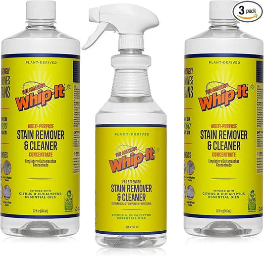 Whip-It Stain Remover and Concentrate Kit, 2-32oz Concentrates & 1-32 OZ Pro Spray Stain Remover, Makes 64 Bottles, Removes Coffee, Wine, Baby Stains, Pet Stains, Plant Based, Enzyme Cleaner, 500 Uses - NeatNest