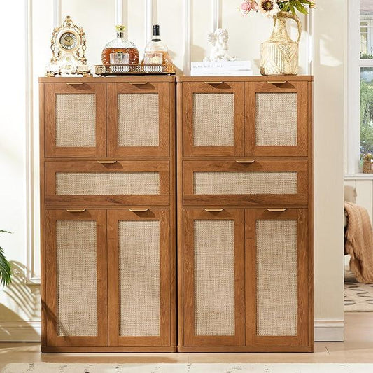 LEYAOYAO 48" Tall Storage Cabinet Set of 2,Rattan Bathroom Floor Cabinets with 4 Doors & 1Drawer,Boho Kitchen Pantry with Adjustable Shelves,Wooden Cupboard for Living Room,Home Office,Brown - NeatNest
