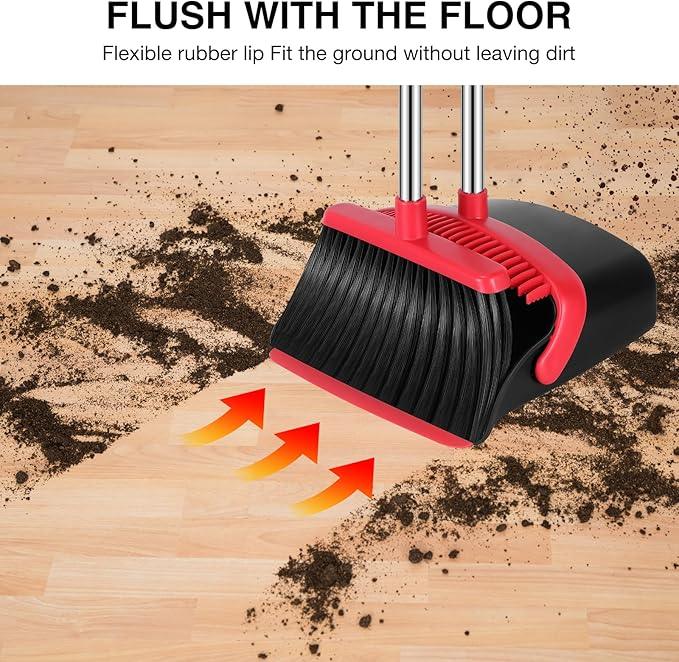 NACENA Broom and Dustpan Set, 52-in Long Adjustable Handle Broom Dustpan Combo with Dustpan Teeth to Automatically Clean Hair Suitable for Home Kitchen Office Hall Floor (Black&Red), 4 Pack - NeatNest