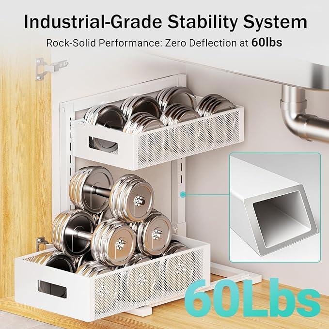 Under Sink Organizer Adjustable Height 2 Tier Bathroom Organizer Pull Out Cabinet Organer kitchen organizers and storage fridge organizers and storage,White,XL-1 Pack - NeatNest