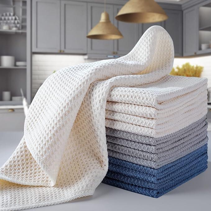 POLYTE Premium Microfiber Kitchen Dish Cloth Waffle Weave 12 Pack (12x12 in, Dark Blue, Gray, Off White) - NeatNest