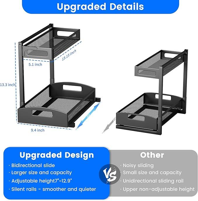 Under Sink Organizer,2 Pack Height Adjustable Under Sink Organizers and Storage, 2 Tier Under Sink Storage for Kitchen Bathroom Cabinet - NeatNest