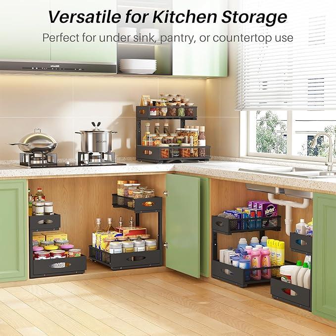 Under Sink Organizer, 2-Pack Pull Out Cabinet Organizer 2 Tier Metal Slide Out Storage Shelf Rack, L-Shaped Adjustable Height,Mesh Sliding Drawer for Kitchen, Bathroom, Laundry, Pantry, Black, XL - NeatNest