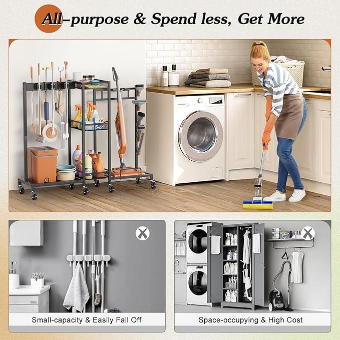 Broom Holder with Cleaning Supplies Organizer, Broom Closet Storage Cabinet with Cleaning Caddy Vacuum Stand, Cleaning Cart with Mop Hanger Gripper Rack Hook, Laundry Room Organization Home Essentials - NeatNest