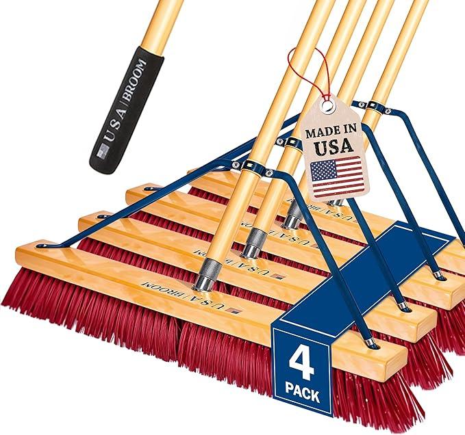 4 Pack Bundle - 24" Soft Sweep Indoor Push Broom with 60" Handle. Ideal for Epoxy & Polished Floors. Durable American Made Steel Brackets-Stainless Steel Hardware. No Plastic. 100% USA Made. - NeatNest