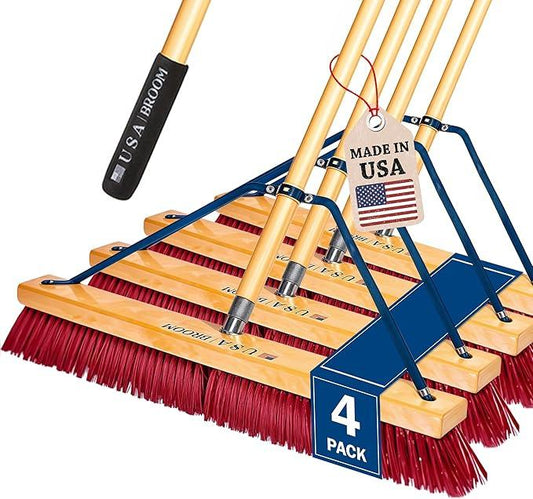 4 Pack Bundle - 24" Soft Sweep Indoor Push Broom with 60" Handle. Ideal for Epoxy & Polished Floors. Durable American Made Steel Brackets-Stainless Steel Hardware. No Plastic. 100% USA Made. - NeatNest