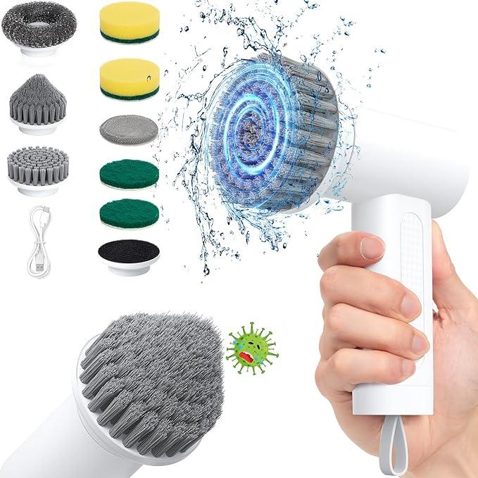 Electric Spin Scrubber, 3000 mAh Cordless Power With 8 Replaceable Heads, Dual Speed Lightweight Handheld for Cleaning Stove/Bowl/Sink/Corner/Tile/Grout (White) - NeatNest