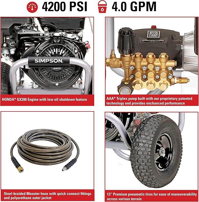 Simpson PS4240 PowerShot Gas Pressure Washer Powered by Honda GX390, 4200 PSI at 4.0 GPM, (49 State) 60456 - NeatNest