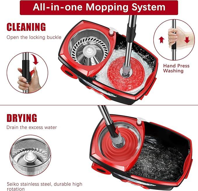 FunClean 360° Spin Mop and Bucket Set with Wringer, 6 Extra Microfiber Heads, 61" Extended Handle for Effortless Floor Cleaning, 2X Wheel Design - Black - NeatNest