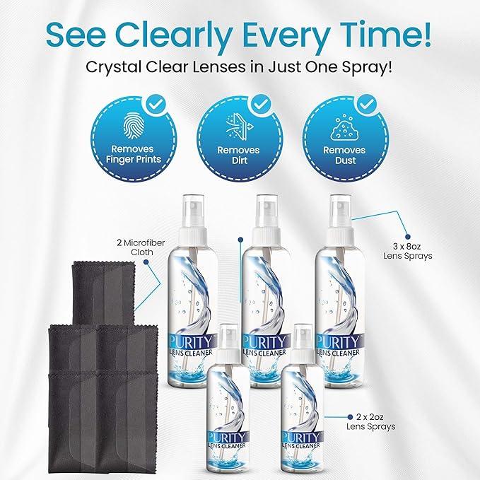 Purity Eyeglass Cleaner Mega Pack - Multi-Size Lens Cleaner Kit - 2x2oz, 3x8oz Bottles + 5 Black Premium Microfiber Cloths - Safe for All Lenses, Eyeglasses, and Screens - Streak-Free Formula - NeatNest