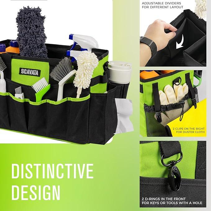 Wearable Cleaning Caddy Bag, Cleaning Caddy Supplies Organizer with Handle & Shoulder Straps for Housekeepers, Under Sink & Car Cleaning Tool Organizers with 4 Foldable Divider (NeonGreen) - NeatNest