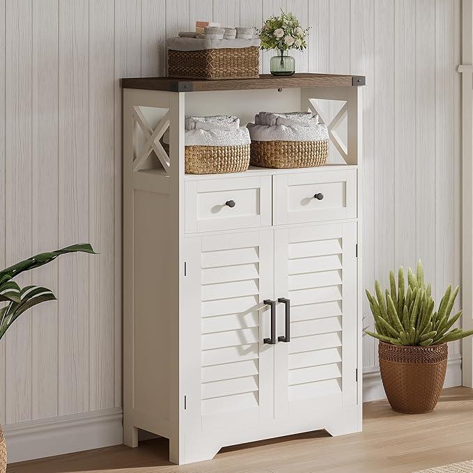 ChooChoo Farmhouse Storage Cabinet, Bathroom Floor Cabinet with Doors and Drawers, Kitchen Pantry Cabinet for Living Room, Laundry, White - NeatNest
