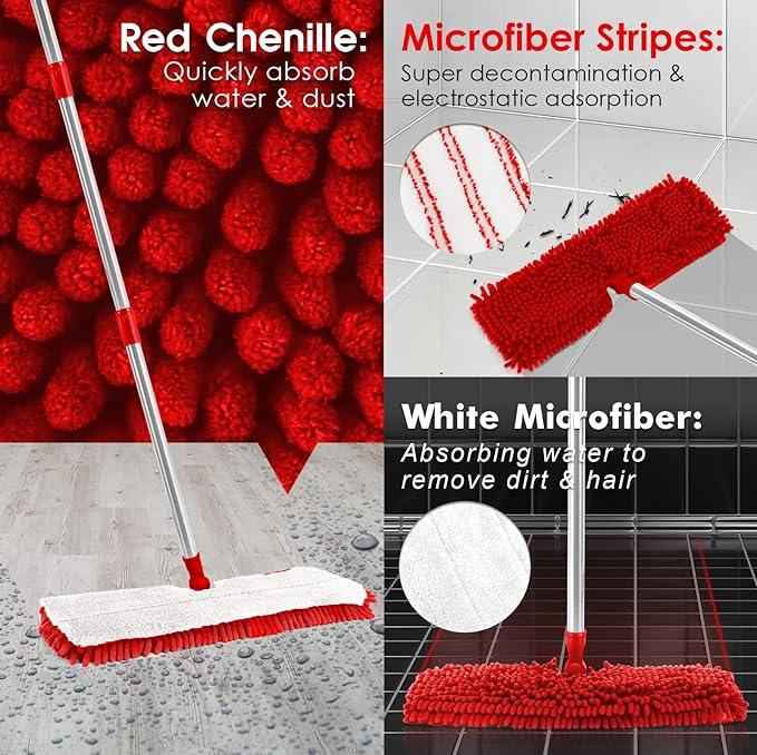 MASTERTOP Microfiber Mop for Floor Cleaning, Hardwood Dust Mop, Wet Mopping with 4 Washable Replacement Mop Pads, Floor Mops for Cleaning with 1 Scraper- White & Red - NeatNest