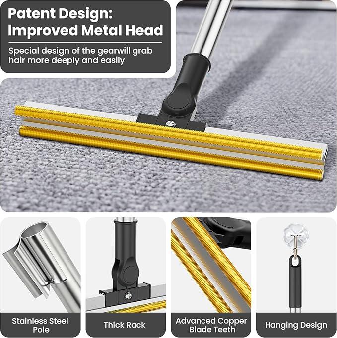 3 in 1 Carpet Rake for Pet Hair Removal, Tool Set of 3, 55” Long Handle Carpet Pet Hair Removal Carpet Scraper Dog Cat Hair Remover for Sofa, Couch, Car, Rug (Black) - NeatNest