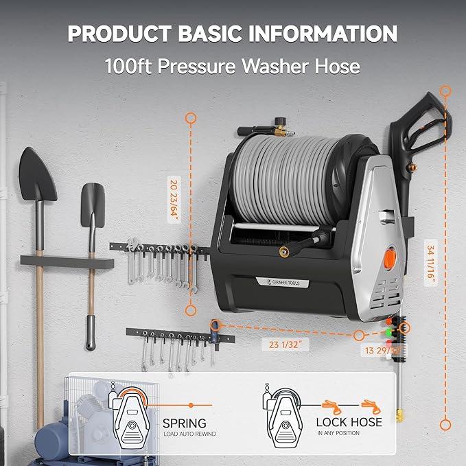 Giraffe Tools Wall Mounted Pressure Washer with 100ft Detachable Hose, Max 2900 PSI 2.2 GPM Electric Power Washer with 1800W Motor, Automatic Rewind, Any Length Locky - NeatNest