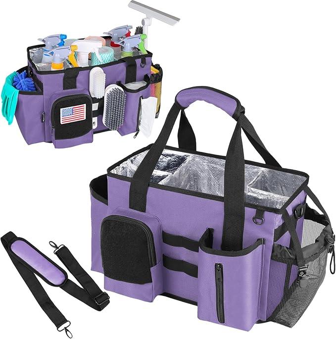 Wearable Cleaning Caddy Bag, Cleaning Organizer with Handles, Cleaning Supply Tote with Adjustable Shoulder Strap for Cleaners & Housekeeper (Purple, 13.4'' x 7.3'' x 9.3'') - NeatNest