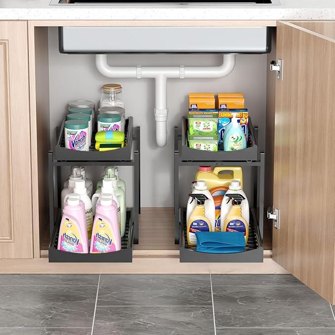 Bamboo Under Sink Organizer and Storage, 2 Pack Pull Out Cabinet Organization, 2 Tier Vertical Slide Out Undersink Storage Shelf, Multi-Purpose Organizer Shelves for Kitchen Bathroom Medicine, Black - NeatNest