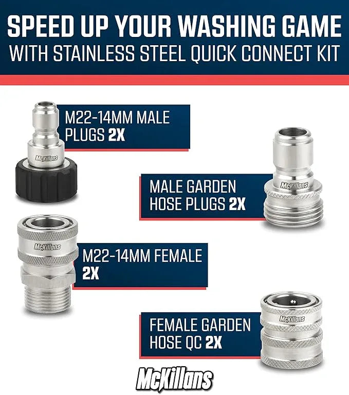 McKillans® M22-14mm Pressure Washer Quick Connect Kit, M22-14mm to 3/8" Male Female Quick Disconnect Kit for Power Washer (Stainless Steel) - NeatNest