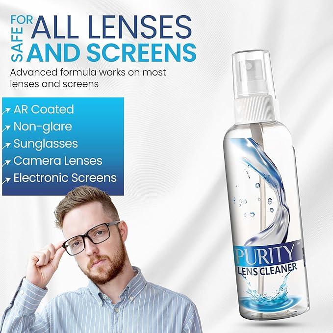 Purity Eyeglass Lens Cleaner Kit - 3 x 2oz Travel Size Lens Cleaner Spray Bottle + 2 Microfiber Cleaning Cloths - Safe for All Lenses (AR Coated Included), Eyeglasses and Screens - Clear - NeatNest