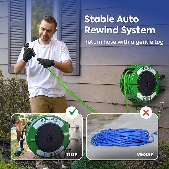 Macnaught Retractable Garden Hose Reel, 60 Ft Water Hose Reel Heavy Duty Retractable Hose with Metal 180° Swivel Rotation Bracket for Wall Mount - Green - NeatNest