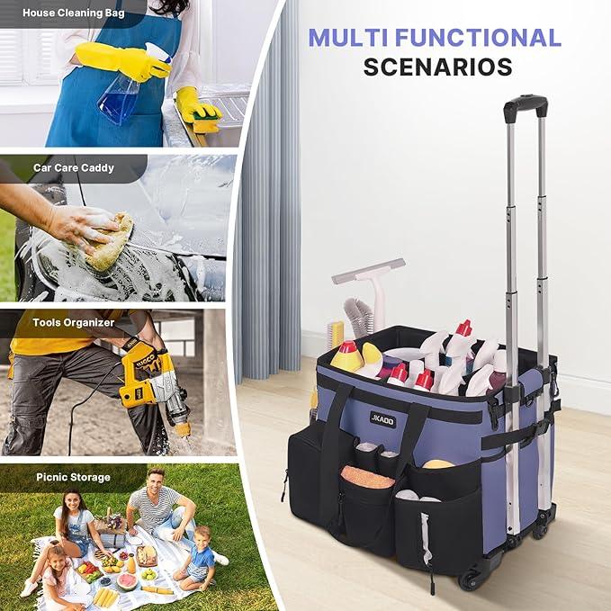 Large Rolling Cleaning Caddy Bag with Detachable Trolley, Waterproof Cleaning Caddy on Wheels for Housekeepers, Cleaning Cart Supplies Organizer for Home,Car,Office,Picnic (Denim Blue)(InPatent) - NeatNest