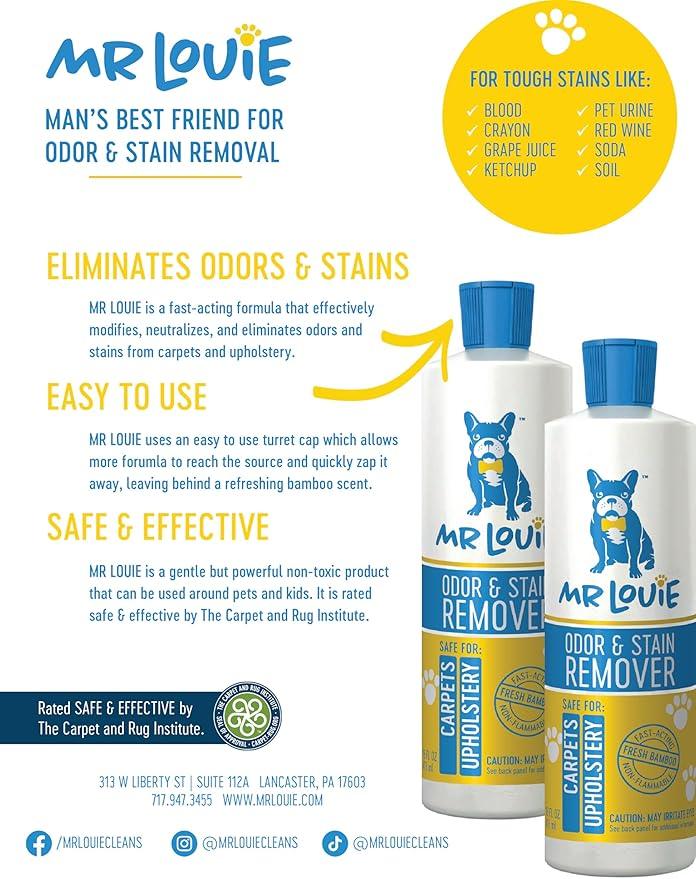 MR LOUIE ODOR & STAIN REMOVER - Safe For Use Around Kids and Pets. Incredibly tough on odors and stains from Blood, to Cat/Dog Urine, Feces, Vomit, to Food Stains like Ketchup, Red Wine, and Coffee. - NeatNest