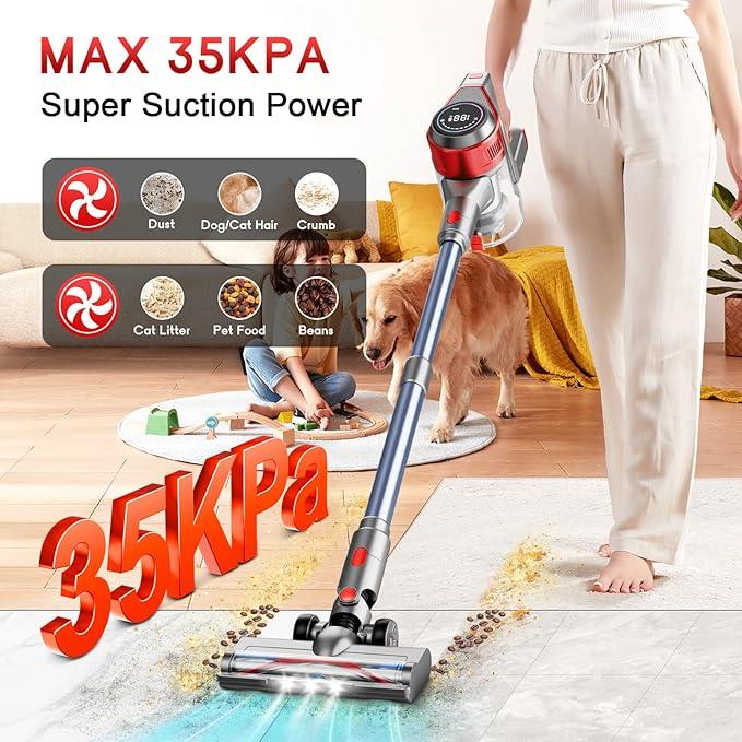Cordless Stick Vacuum Cleaner - Rechargeable, 35Kpa Powerful Vacuums with Detachable Battery, LED Display, 45Mins Runtime, 8 in 1 Handheld Vacuum for Hardfloor & Carpets Pet Hair, Red - NeatNest