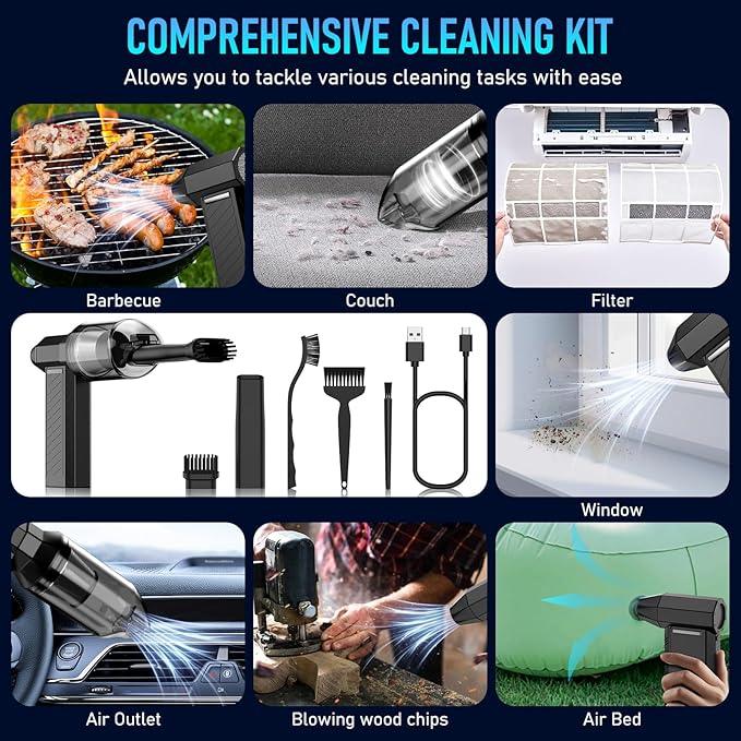 Electric Air Duster - Vacuum 2 in 1 & Cordless 6000mAh Mini Turbo Fan Blower, Keyboard Computer Car Cleaner, Replaces Compressed Air Can, Black(300000RPM) - NeatNest