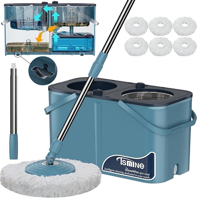 Gen 1 Large-Capacity Spin Mop and Bucket – for Big Homes & Deep Cleaning Days,4-Chamber System Separates Dirty & Clean Water, 2-GAL Heavy-Duty Design with Wheels & 6 Refill Mop Heads - Blue/Grey - NeatNest